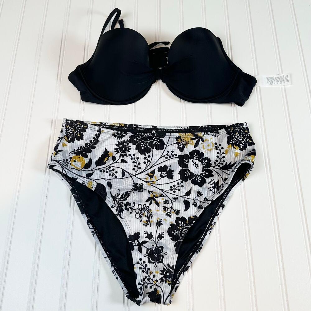 Cupshe Women Black Floral Bikini Set High Waisted Bikini Bottoms  L